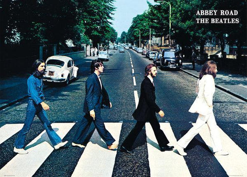 The Beatles - Abbey Road poster by MUS 073 features four men on a zebra crossing, showcasing styles from casual to formal. Nearby, a white VW Beetle is parked, capturing the iconic scene perfect for any music collection or as a large rock poster for your wall.