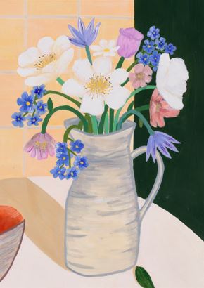 In Bloom at Home by Vanessa Franklin for Blue Dog Posters features a cream jug filled with white, blue, and pink flowers on a table with a bowl and peach-tiled background—an elegant art print for your space.