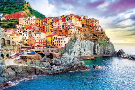 Colorful buildings on a rugged cliffside overlook the blue sea in the "Italian Coast" poster by ALT 054, with boats below and dramatic clouds above.