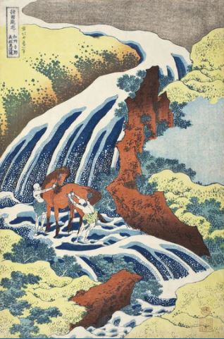 The ART 065 Hokusai – Yoshitsune's Horse Washing Falls poster features two people with a horse in a stream under a waterfall, surrounded by lush trees and rocks—a stunning piece for art and decor enthusiasts.