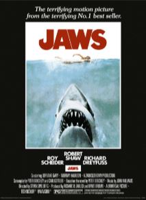 Blue Dog Posters presents the Jaws 30x40cm movie poster, printed on premium 250gsm Satin Paper. This striking print features the iconic image of a massive shark rising from the ocean towards a swimmer at the surface. The title "JAWS" is boldly showcased in red letters at the top, accompanied by the chilling tagline, "The terrifying motion picture from the terrifying No.1 best seller.