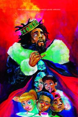 The MUS 375 J Cole KOD poster features a crowned man in regal attire with a fur collar, surrounded by surreal, cartoonish children’s faces with red eyes and tongues out—ideal for large regular poster displays.