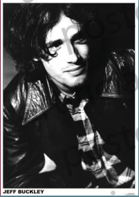 Black and white photo of Jeff Buckley with wavy hair in a leather jacket over a plaid shirt, smiling softly. "JEFF BUCKLEY" at the bottom left. MUS 027’s Jeff Buckley Leather Jacket—ideal as a premium gloss paper music poster.