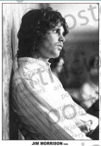 Black and white photo of a young man with wavy hair leaning against a wall, looking thoughtful. The text "Jim Morrison The Doors" appears at the bottom—a classic MUS 129 Rock Poster for any music collection.