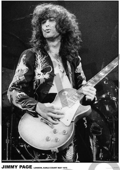 A black-and-white photo of Jimmy Page with long curly hair playing electric guitar on stage, wearing a patterned jacket. MUS 191’s "Jimmy Page Earls Court 1975" is a must-have rock poster for any music collection. Text: "JIMMY PAGE LONDON, EARLS COURT MAY 1975.