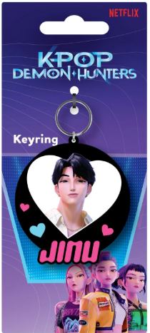 The K-Pop Demon Hunters Jinu Keyring by Blue Dog Posters features a heart-shaped photo of Jinu with three female anime characters, making it a standout piece of anime merchandise.