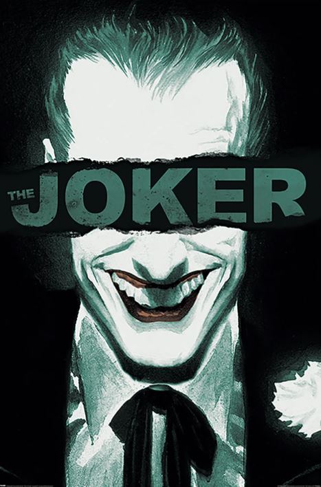 A bold, black-and-white MTV 262 poster features The Joker (Put on a Happy Face) grinning widely, his eyes obscured by green "THE JOKER" text—a striking DC Universe print perfect for fans.