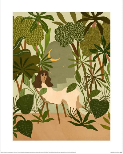 The GAL225 Alja Horvat (Jungle Dreams) art print showcases a person lounging on a chair amid lush, stylized greenery. Featuring large leaves, trees, and a crescent moon, it creates a serene nature-inspired setting ideal for matte art paper. Part of the Decor Series.