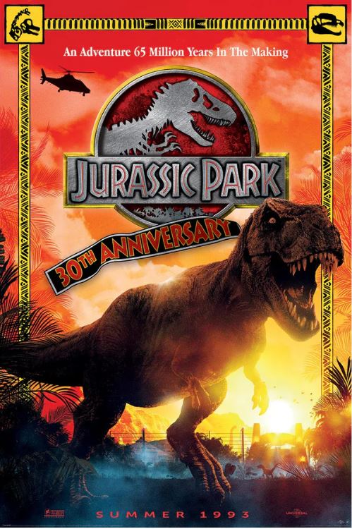 Celebrate the 30th anniversary of Jurassic Park with this MTV 369 poster, featuring a T-rex, sunset backdrop, helicopters, and the classic logo. Perfect for any Movies & TV collection. "An Adventure 65 Million Years In The Making.