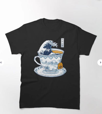 This stylish T-shirt, "The Great Kanagawa Tea," by Blue Dog Posters showcases an artistic design of a teacup filled with ocean waves, evoking the essence of traditional Japanese wave art. A teabag tag adds a whimsical touch to this distinctive piece.