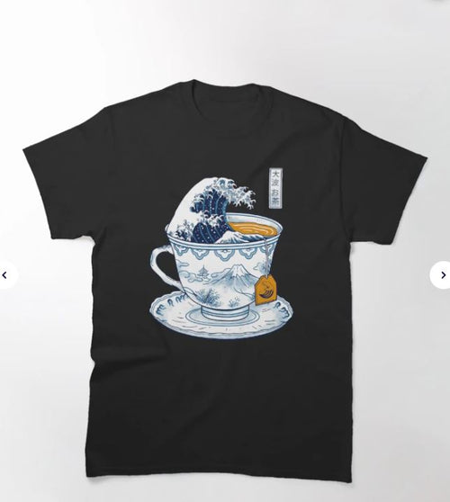 This stylish T-shirt, "The Great Kanagawa Tea," by Blue Dog Posters showcases an artistic design of a teacup filled with ocean waves, evoking the essence of traditional Japanese wave art. A teabag tag adds a whimsical touch to this distinctive piece.