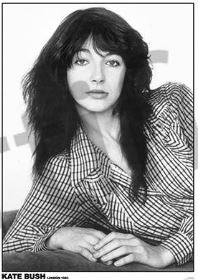 A woman with long, dark hair and a checked shirt poses with a neutral look, creating a cool vibe—ideal for music collections or rock poster displays. Featured: Kate Bush London 1983 by MUS 014 against a plain background.