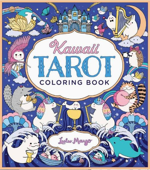Colorful cover of Blue Dog Posters' "Kawaii Tarot Colouring Book," with kawaii unicorn cats, dolphins, birds, waves, a castle, magical elements, and a starry night.