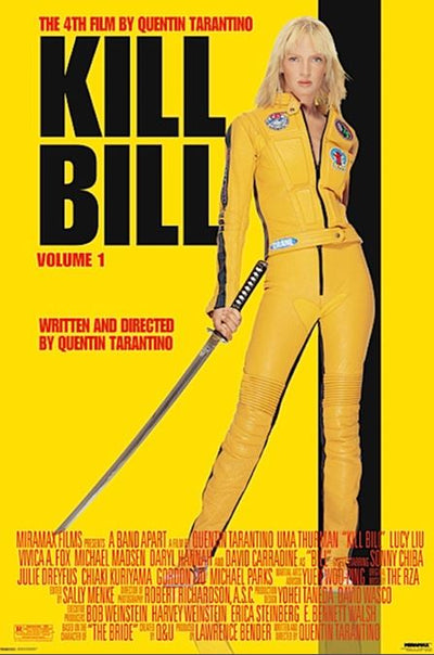 This MTV 101 movie poster for "Kill Bill" showcases a person in a yellow jumpsuit with a sword against a vivid yellow background. Printed on premium 150gsm gloss paper, it includes the film’s title and credits. Directed by Quentin Tarantino, it's ideal for your Movies & TV Collection.