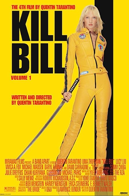This MTV 101 movie poster for "Kill Bill" showcases a person in a yellow jumpsuit with a sword against a vivid yellow background. Printed on premium 150gsm gloss paper, it includes the film’s title and credits. Directed by Quentin Tarantino, it's ideal for your Movies & TV Collection.