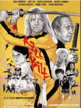 The colorful Kill Bill Japan 30x40cm Mini Poster by Blue Dog Posters showcases a woman in a yellow jumpsuit brandishing a sword as the focal point. Various characters and dynamic scenes from the movie are intricately illustrated in a collage style around her on 250gsm satin paper. The title "Kill Bill" stands out prominently in red.