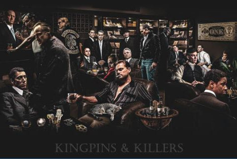 A dimly lit room of men in suits and leather jackets creates an intense vibe on the MTV 062 "Kingpins & Killers" Movies & TV Poster, featuring bold “KINGPINS & KILLERS” text at the bottom.