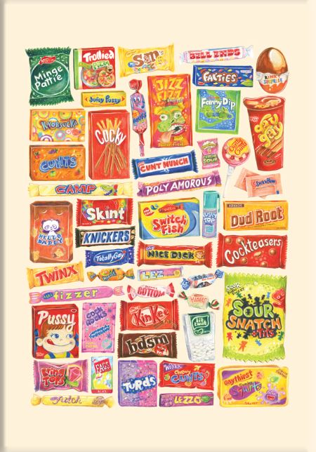 A vibrant grid of illustrated candy and snack packages with playful parody names, from "50 Up: Kweer Kandy by Amy Blue"—part of the Featured Artists Collection by fap. Art print available.