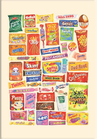 A vibrant grid of illustrated candy and snack packages with playful parody names, from "50 Up: Kweer Kandy by Amy Blue"—part of the Featured Artists Collection by fap. Art print available.