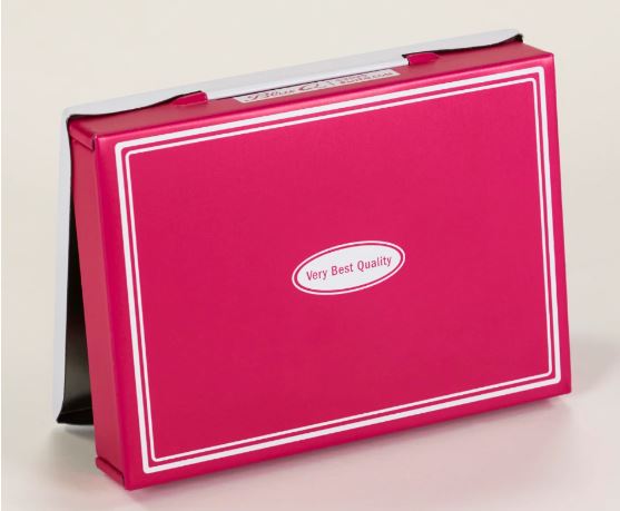 The Lady Parts Small Tin by Blue Dog Posters is a rectangular pink storage box with white trim and a center label that says "Very Best Quality." The box has a partially open top flap.