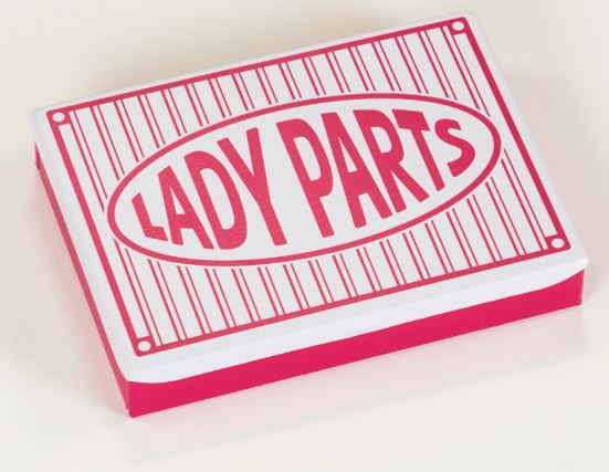 The Lady Parts Small Tin by Blue Dog Posters is a rectangular decorative storage box with a white lid featuring bold pink "LADY PARTS" text in an oval and pink stripes; the sides are solid pink.