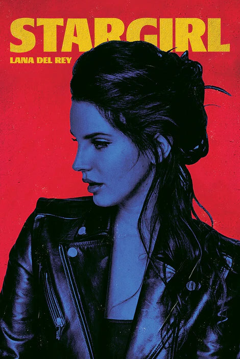 The Lana Del Rey Stargirl print by MUS 175 features a stylized woman with blue skin and dark hair in a leather jacket, facing left on a red background, with bold yellow "STARGIRL" and "LANA DEL REY" text—ideal for music lovers or collectors.