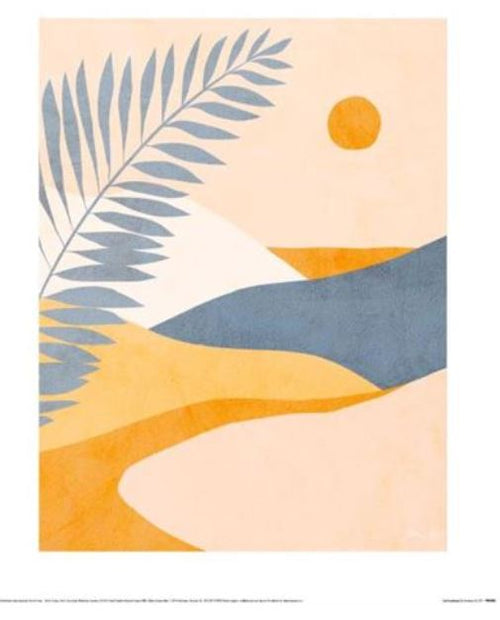 Leaf Landscape by Dominique Vari from GAL261: A minimalist abstract art print with yellow and blue curves, palm leaf silhouette, white hills, and orange sun on peach matte art paper—part of our modern decor series.