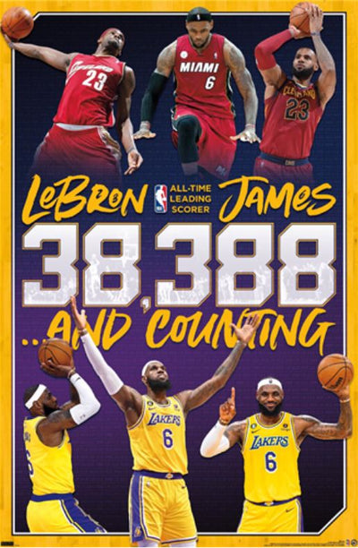 Basketball player LeBron James is featured in various uniforms: Cleveland Cavaliers, Miami Heat, and Los Angeles Lakers. The SPO 061 NBA - Lebron James poster reads "LeBron James, All-Time Leading Scorer, 38,388... And Counting." He is shown holding the ball and celebrating in multiple poses.