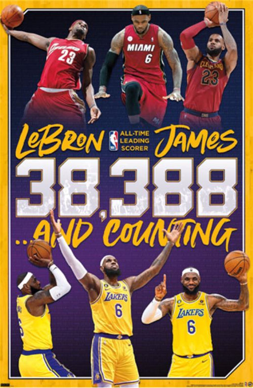 Basketball player LeBron James is featured in various uniforms: Cleveland Cavaliers, Miami Heat, and Los Angeles Lakers. The SPO 061 NBA - Lebron James poster reads "LeBron James, All-Time Leading Scorer, 38,388... And Counting." He is shown holding the ball and celebrating in multiple poses.