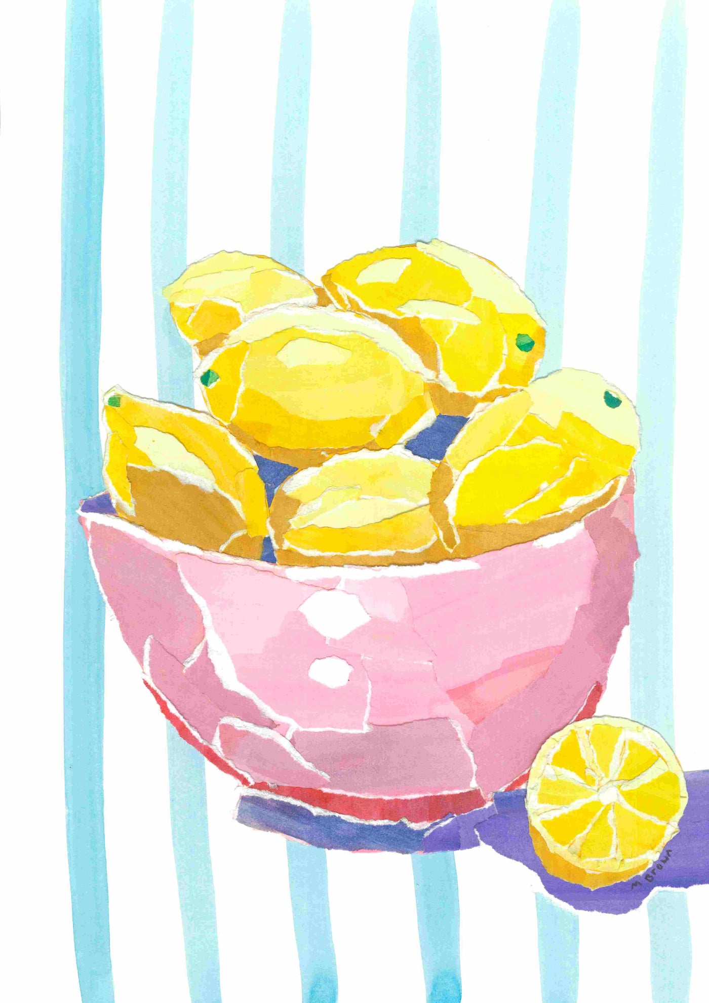 Lemons in Pink Bowl by Melanie Brown from Blue Dog Posters: a watercolor art print of bright yellow lemons in a cracked pink bowl, with a halved lemon and blue-white striped background.