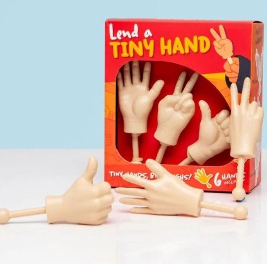 Boxer Gifts - Lend Me a Hand Tiny Hands by Blue Dog Posters includes six small plastic hands with gestures like peace and thumbs up, packed in a colorful box labeled “Lend a TINY HAND”—great for pranks or office gags.