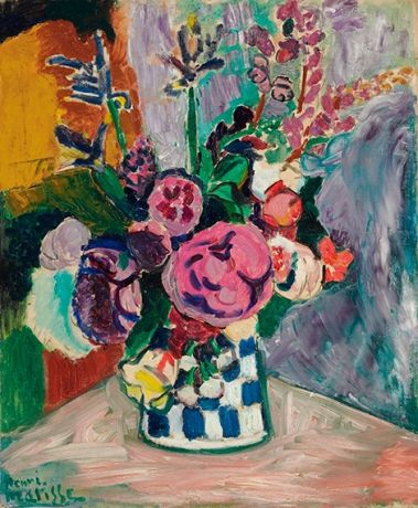 Les Pivoines by Henri Matisse, from Blue Dog Posters, showcases a vibrant vase of blooms with bold brushstrokes and vivid hues on a patterned table, capturing the essence of Fauvist style.