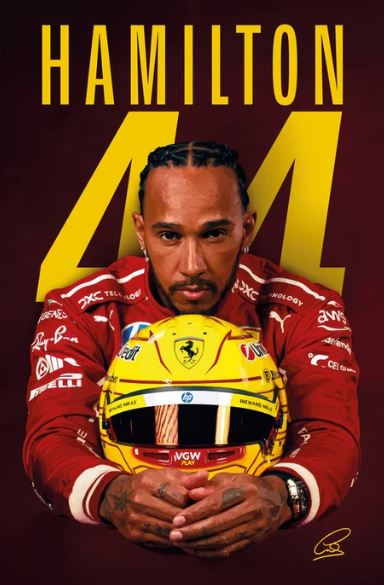 The SPO 004 "Lewis Hamilton - 44" poster features Hamilton in a red racing suit with a yellow helmet, set against bold "HAMILTON" and "44" text—ideal for display on premium gloss paper.