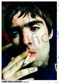 The MUS 116 "Liam Gallagher Oasis Munich 1997" poster shows Liam with dark hair and blue eyes, holding a cigarette and staring intensely into the camera—a striking close-up perfect for any music lover’s collection.