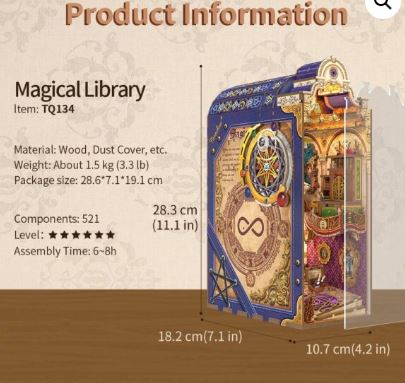 The Magical Library Large Book Nook Tonecheer by Blue Dog Posters is a colorful DIY wooden diorama and bookshelf insert. With 521 pieces, fantasy details, and a 1.5 kg weight, it takes 6–8 hours to assemble and features an intricate book-shaped design.