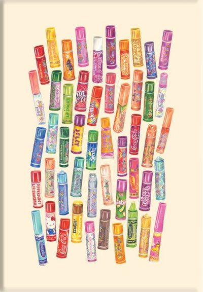 The art print "50 Up: Lip Smackers by Amy Blue" from fap displays vintage Lip Smacker tubes in playful, colorful rows on a neutral background, as part of the Amy Blue Featured Artists Collection.