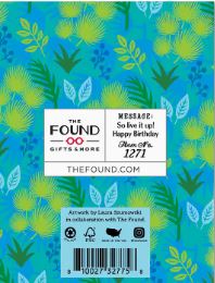 A folded card with a blue and green leafy background. The text reads "White Lotus Parker Posey Live It Up Birthday Card." Brand: Blue Dog Posters. Printed on recycled paper, website and artwork credits below. Plan #1271.