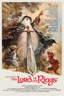 The Lord of the Rings - Tolkien poster by MTV 136 shows a wizard with glowing staff and sword, two small figures at his side, and a bold red title above credits—an ideal addition to any Movies & TV Collection.