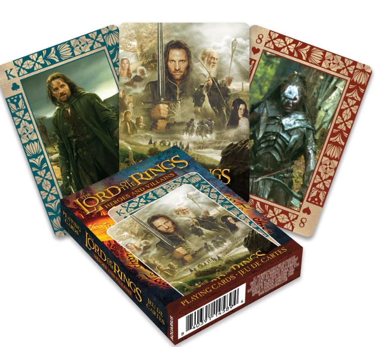 The Blue Dog Posters LOTR Heroes and Villains Playing Cards box is shown, featuring three cards with Middle-earth characters in blue, red, and gold—perfect for fans of the iconic good vs. evil saga.