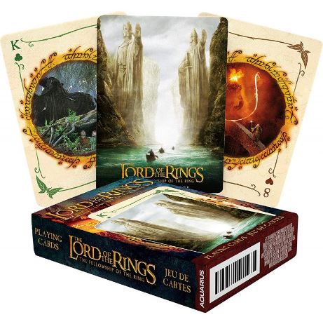 Blue Dog Posters' LOTR Fellowship of the Rings Playing Cards feature illustrated linen finish cards with scenes and symbols from the movie, arranged around a themed box.