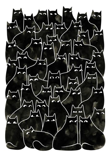 A group of stylized black cats with white outlines and expressive eyes fills the image in "Suspicious Cats by Littleclyde," an A3 Featured Artist Print from Blue Dog Posters.