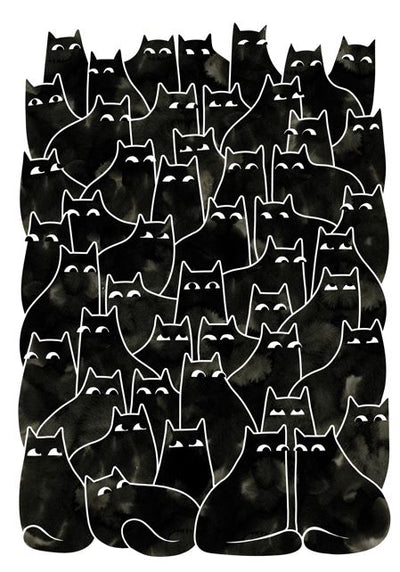 A group of stylized black cats with white outlines and expressive eyes fills the image in "Suspicious Cats by Littleclyde," an A3 Featured Artist Print from Blue Dog Posters.