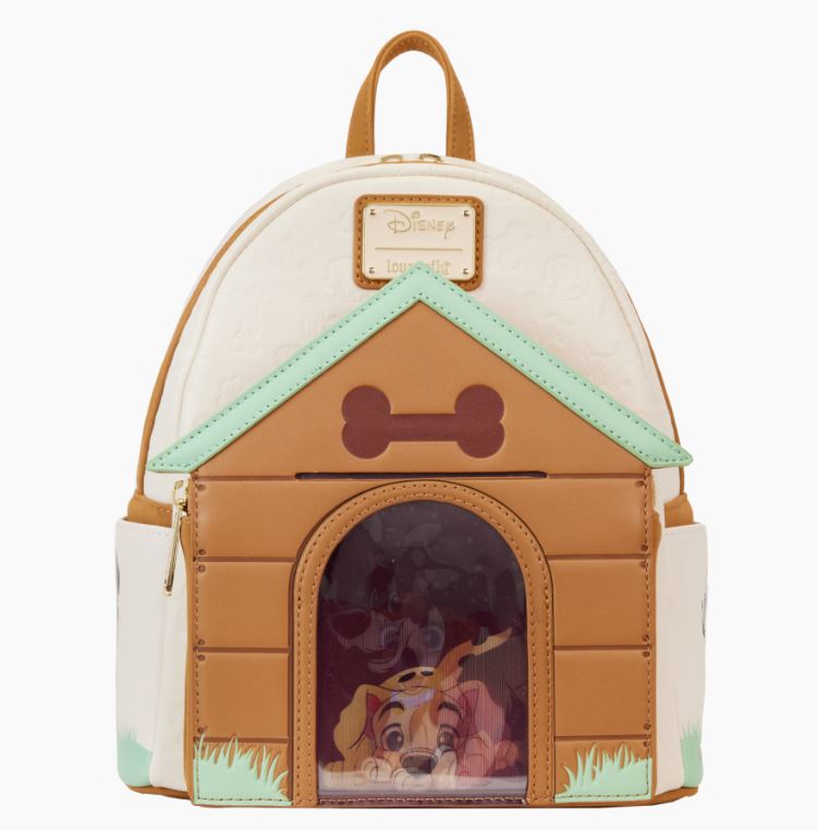 The Disney I Heart Dogs Mini Backpack by Blue Dog Posters is designed to resemble a doghouse complete with a bone above the entrance. The lower front portion showcases an image of beloved Disney dogs peeking out of the doghouse, accented with triple lenticular details in brown, green, and white. For added convenience, it features a top handle and adjustable straps.