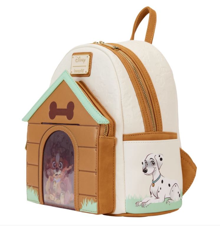 The Disney I Heart Dogs Mini Backpack by Blue Dog Posters is a charming beige and brown accessory featuring a doghouse design. The front showcases a unique triple lenticular window with an adorable puppy inside, and there's an image of a Dalmatian sitting by the grass on the side. With its top handle and adjustable straps, this backpack is ideal for fans of Disney Dogs.