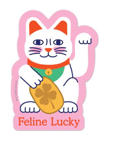 Lucky Cat Vinyl Single Sticker by Blue Dog Posters: Matte-finish sticker of a white cat with raised paw, green collar, and gold clover coin. Pink outline; “Feline Lucky” text below.