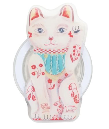 Blue Dog Posters’ Magnetic Phone Grip Cats - Lucky Cat White is a decorative suction-cup hook shaped like a white cat with blue eyes, red and blue patterns, floral designs, and doubles as a magnetic smartphone grip.