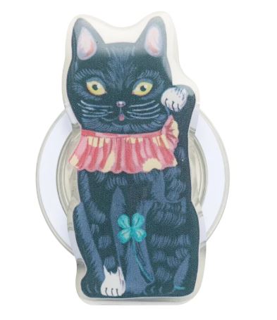 Illustration of a black cat with yellow eyes, red ruffled collar, and blue clover on a white circle—ideal as the Magnetic Phone Grip Cats - Lucky Cat Black by Blue Dog Posters. Perfect for MagSafe smartphones or as a stylish magnetic stand.