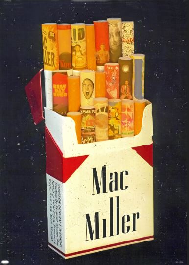 A Blue Dog Posters "Mac Miller Cigs" box holds rolled-up A3 posters or album covers, printed on high quality satin paper, shown against a dark, speckled background.