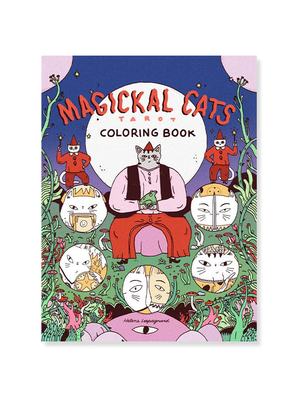 The cover of Blue Dog Posters' "Magickal Cats Tarot Colouring Book" displays expressive archetypal cats, a central cat in a suit, lush plants, and mystical symbols under a full moon.