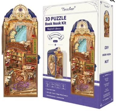 The Blue Dog Posters Magical Library Large Book Nook by Tonecheer features an intricate fantasy bookshelf with stairs and magical details. The box displays the finished DIY diorama and product information.